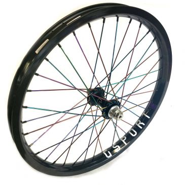 FRONT BMX WHEEL CUSTOM GSPORT X TALL ORDER WITH OIL SLICK SPOKES